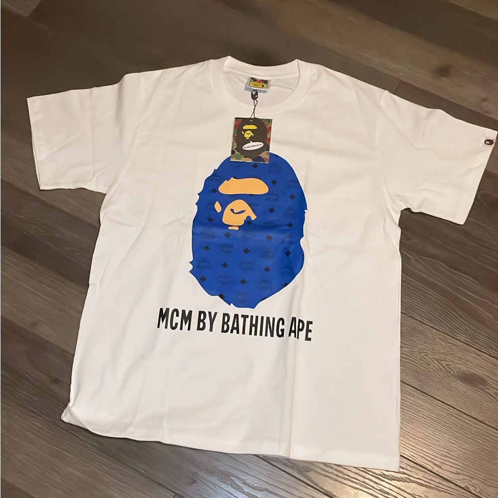 MCM by Bathing Ape White and Blue Graphic Tee